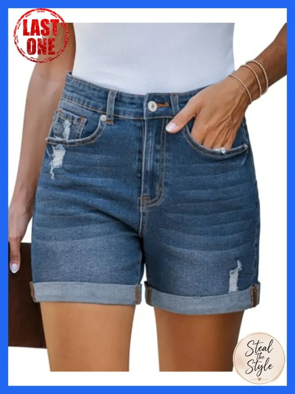 High Waisted Rolled Hem Distressed Denim Shorts for Women, Ripped Jorts with 5